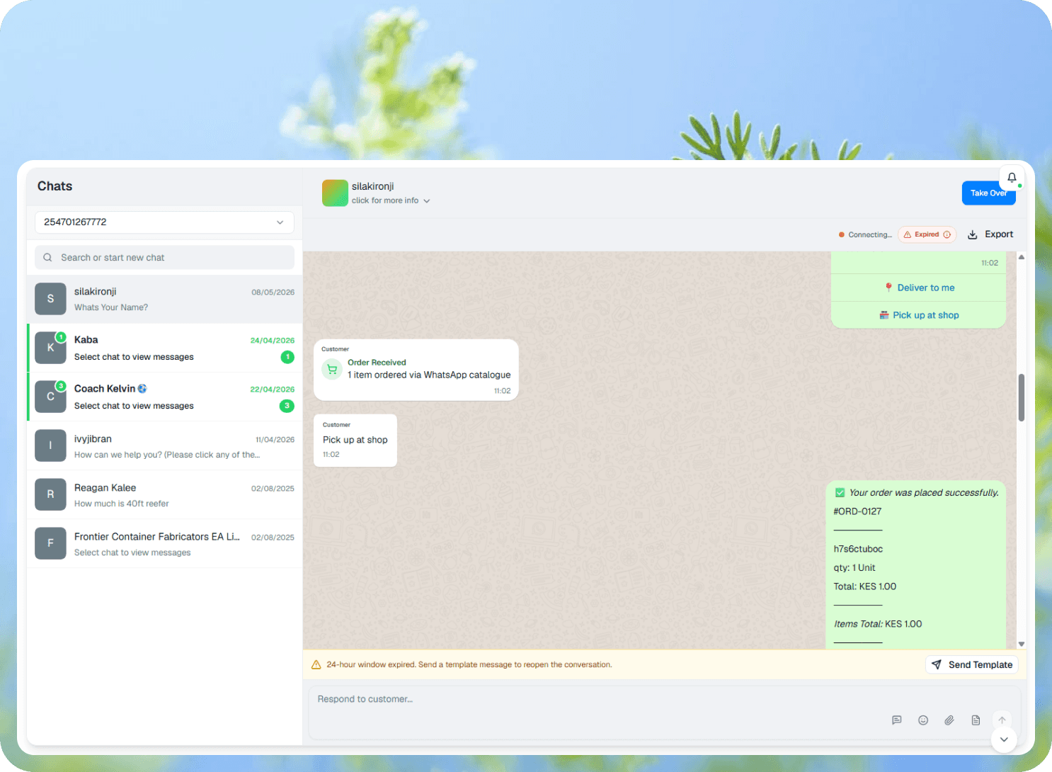 Intelli shared inbox showing a WhatsApp conversation with an order placed from the catalogue